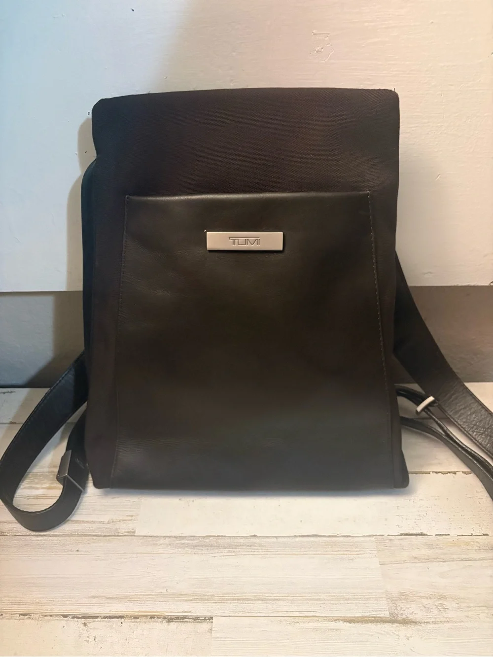 Tumi Black Leather & Nylon Backpack Pristine Condition